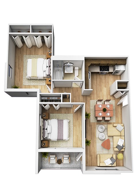 Floor plan for 2 beds, 1 bath, 748 sqft
